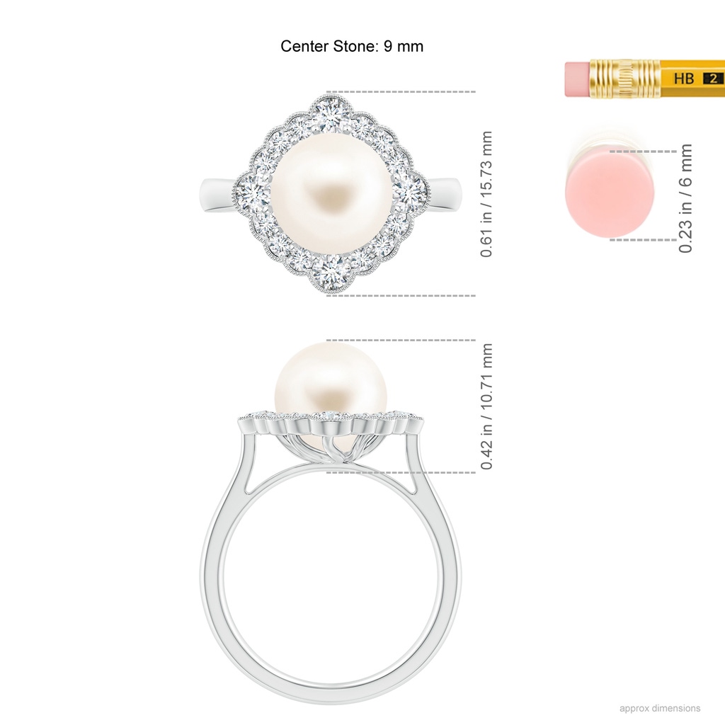 9mm AAA Freshwater Pearl Cushion Halo Engagement Ring in White Gold Ruler