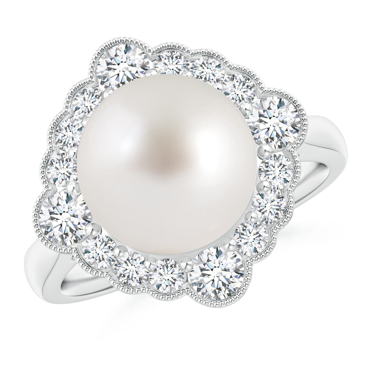 10mm AAA South Sea Pearl Cushion Halo Engagement Ring in White Gold