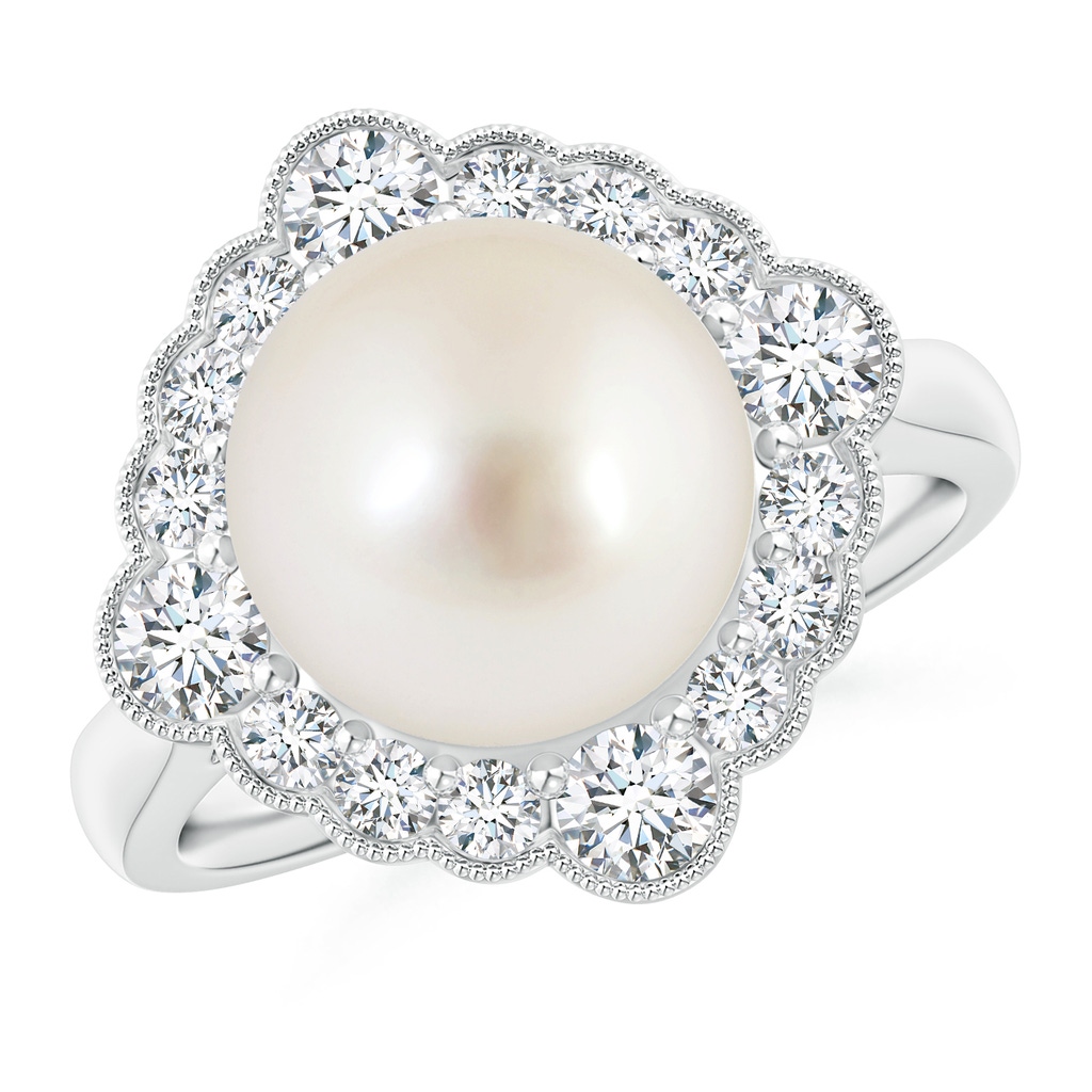 10mm AAAA South Sea Pearl Cushion Halo Engagement Ring in White Gold