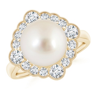 10mm AAAA South Sea Pearl Cushion Halo Engagement Ring in Yellow Gold