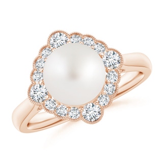 8mm AA South Sea Pearl Cushion Halo Engagement Ring in Rose Gold