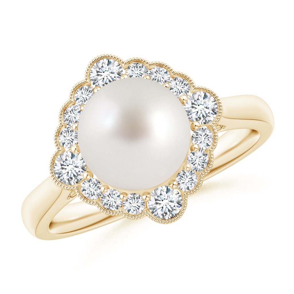 8mm AAA South Sea Pearl Cushion Halo Engagement Ring in Yellow Gold