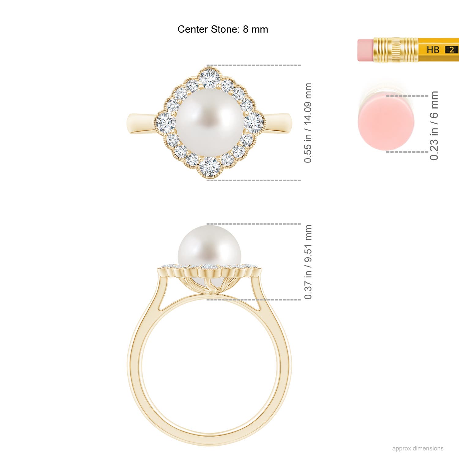8mm AAA South Sea Pearl Cushion Halo Engagement Ring in Yellow Gold - ruler