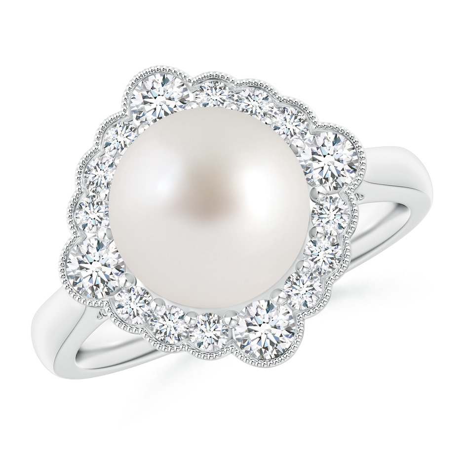 9mm AAA South Sea Pearl Cushion Halo Engagement Ring in 18K White Gold 