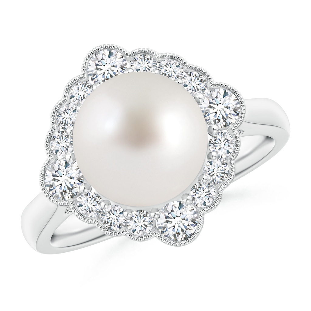 9mm AAA South Sea Pearl Cushion Halo Engagement Ring in White Gold