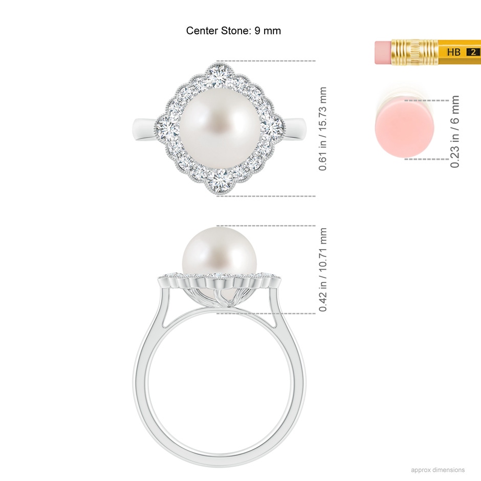 9mm AAA South Sea Pearl Cushion Halo Engagement Ring in White Gold ruler