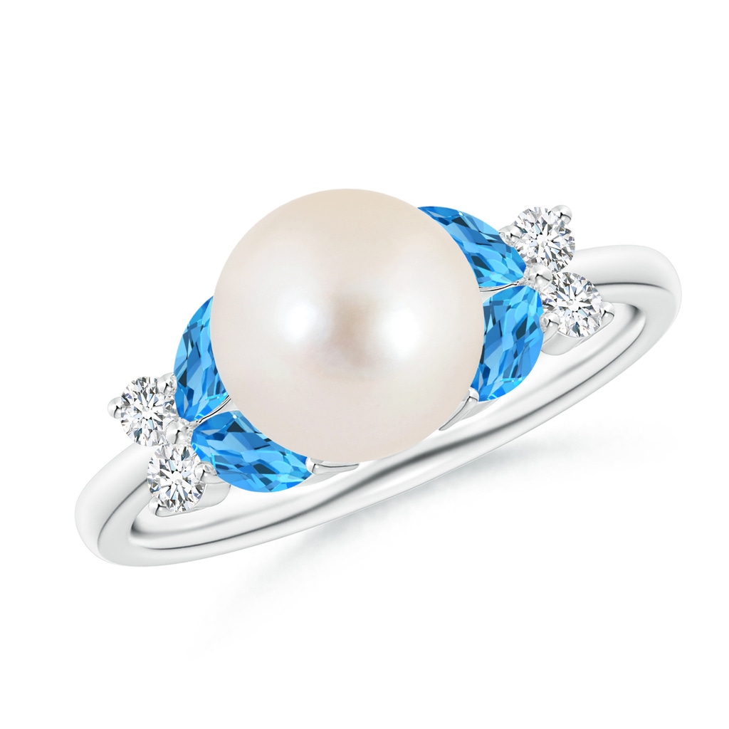 8mm AAAA Freshwater Pearl & Swiss Blue Topaz Butterfly Ring in White Gold