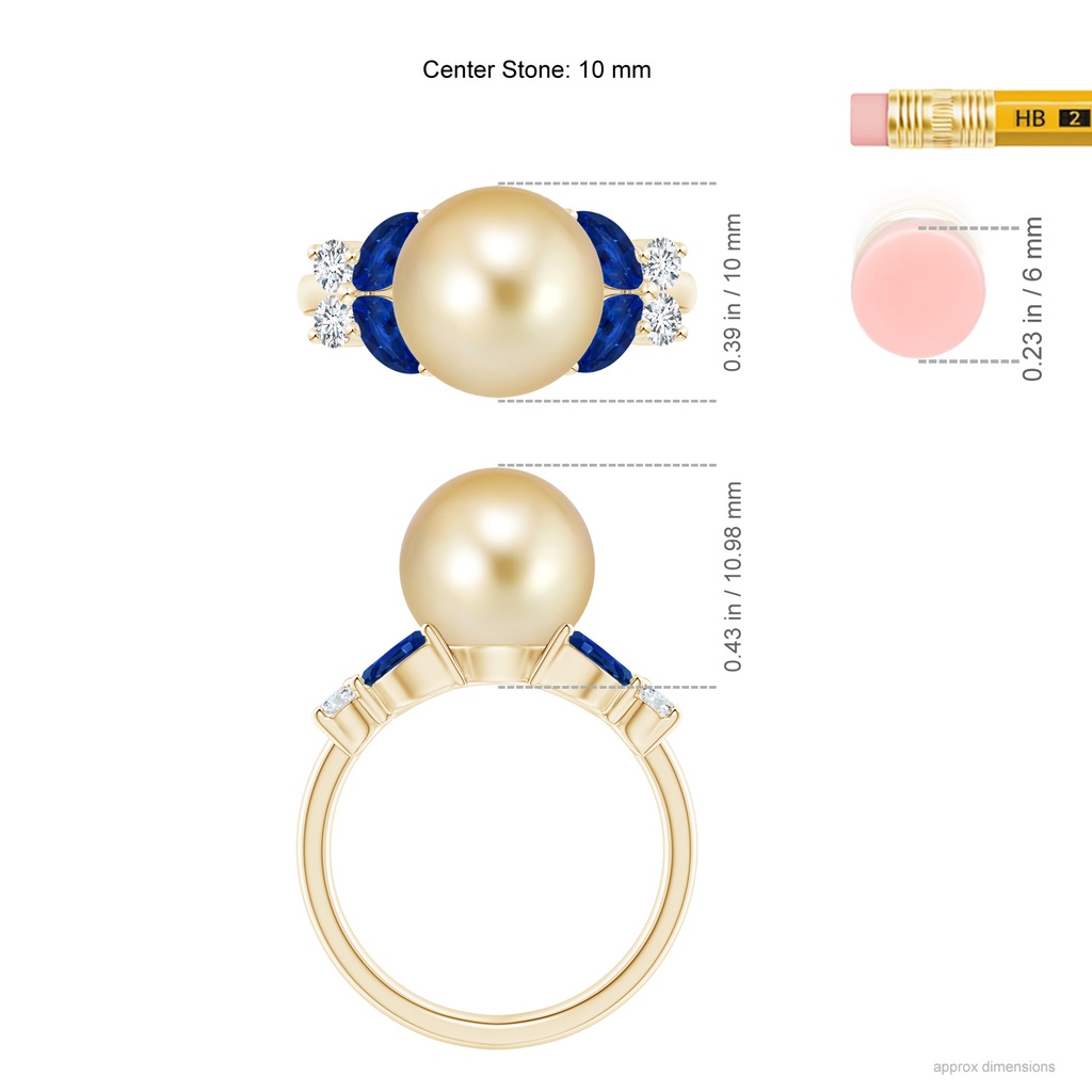 10mm AAAA Golden South Sea Pearl & Sapphire Butterfly Ring in Yellow Gold Ruler