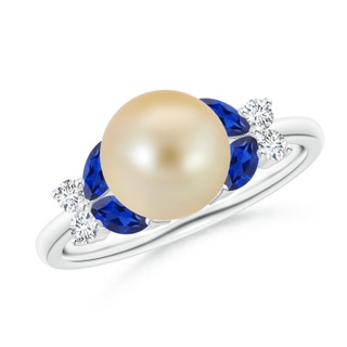 8mm AAA Golden South Sea Pearl & Sapphire Butterfly Ring in White Gold