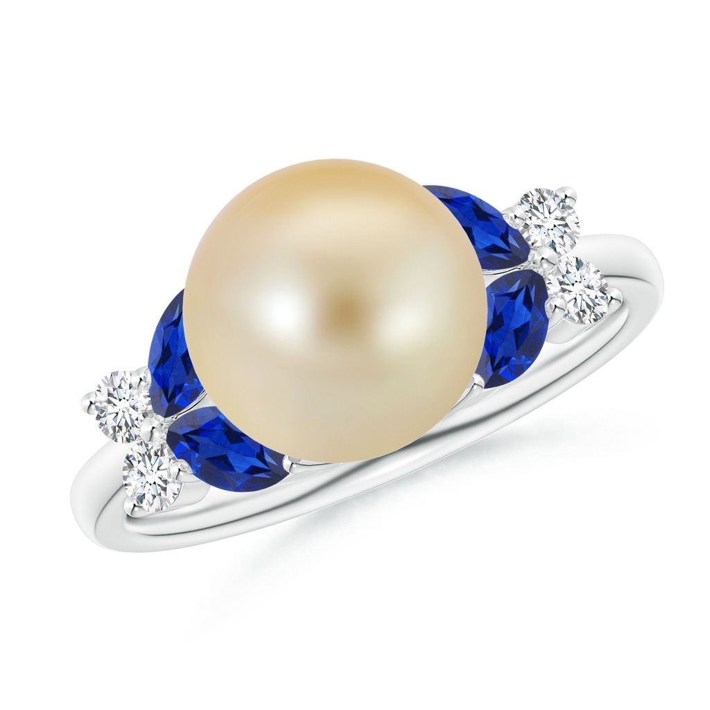 9mm AAA Golden South Sea Pearl & Sapphire Butterfly Ring in White Gold