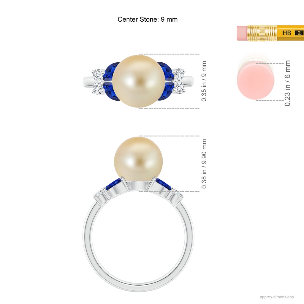 9mm AAA Golden South Sea Pearl & Sapphire Butterfly Ring in White Gold Ruler