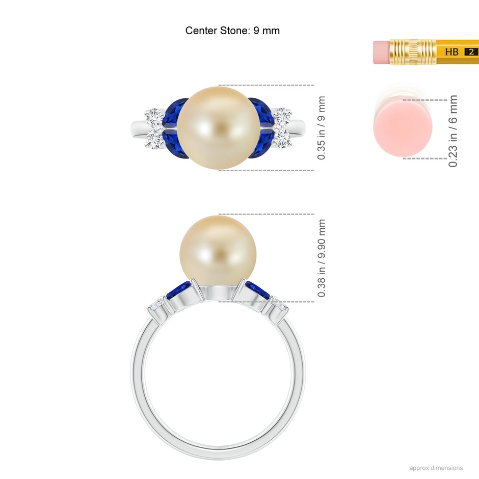 9mm AAA Golden South Sea Pearl & Sapphire Butterfly Ring in White Gold ruler