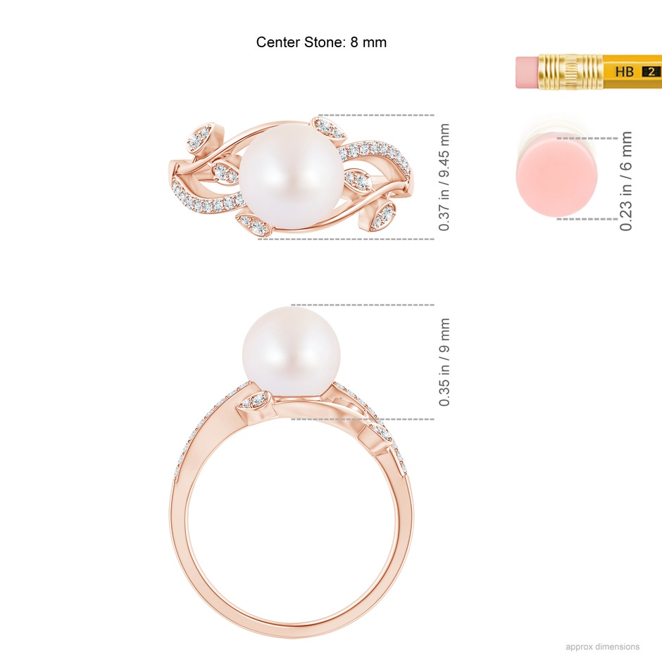 8mm AA Japanese Akoya Pearl Olive Leaf Vine Ring in Rose Gold ruler