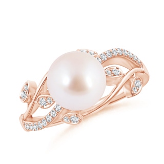 8mm AAA Japanese Akoya Pearl Olive Leaf Vine Ring in Rose Gold