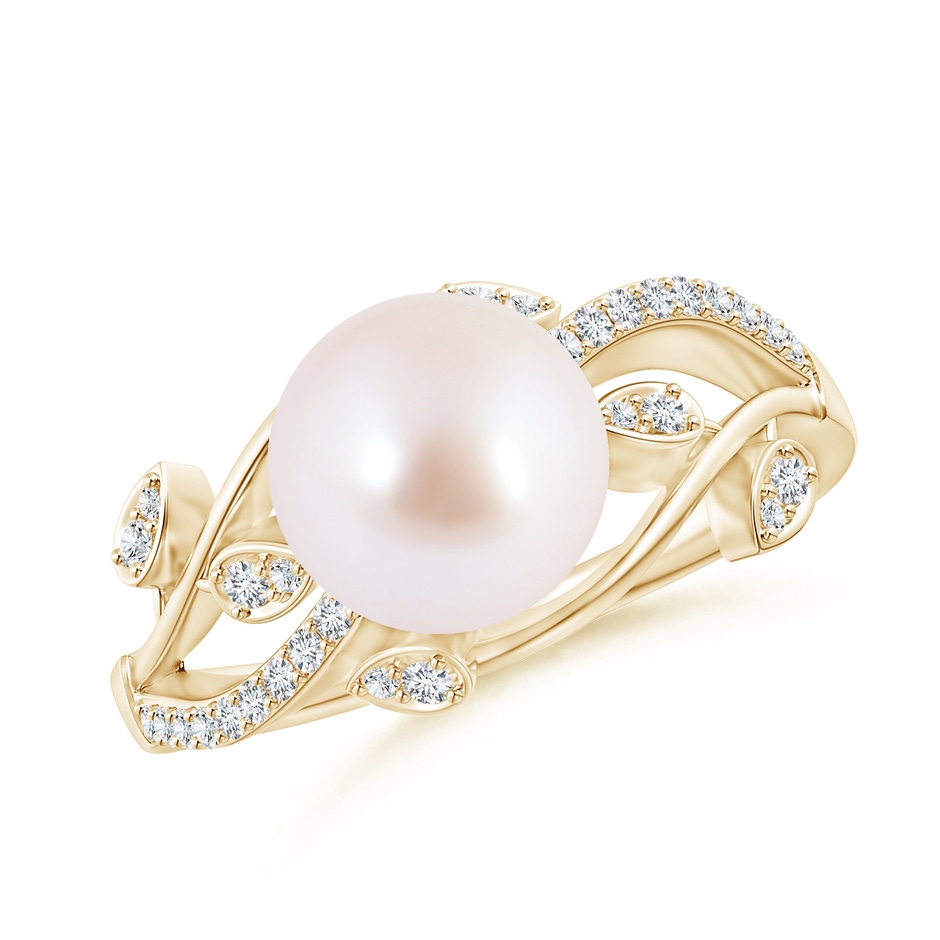 8mm AAA Japanese Akoya Pearl Olive Leaf Vine Ring in Yellow Gold 
