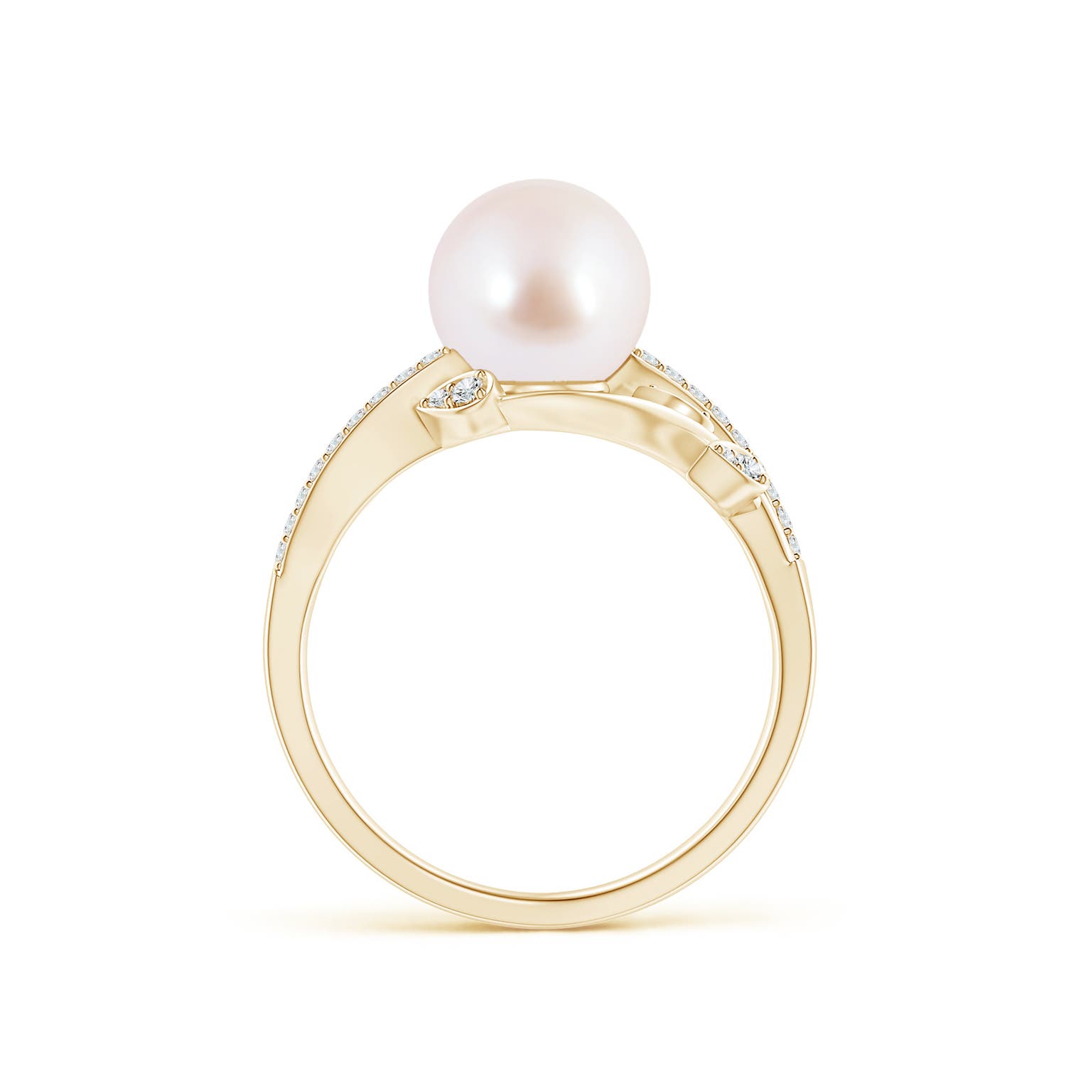 8mm AAA Japanese Akoya Pearl Olive Leaf Vine Ring in Yellow Gold