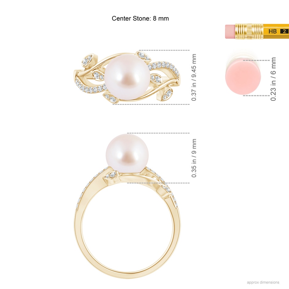 8mm AAA Japanese Akoya Pearl Olive Leaf Vine Ring in Yellow Gold ruler