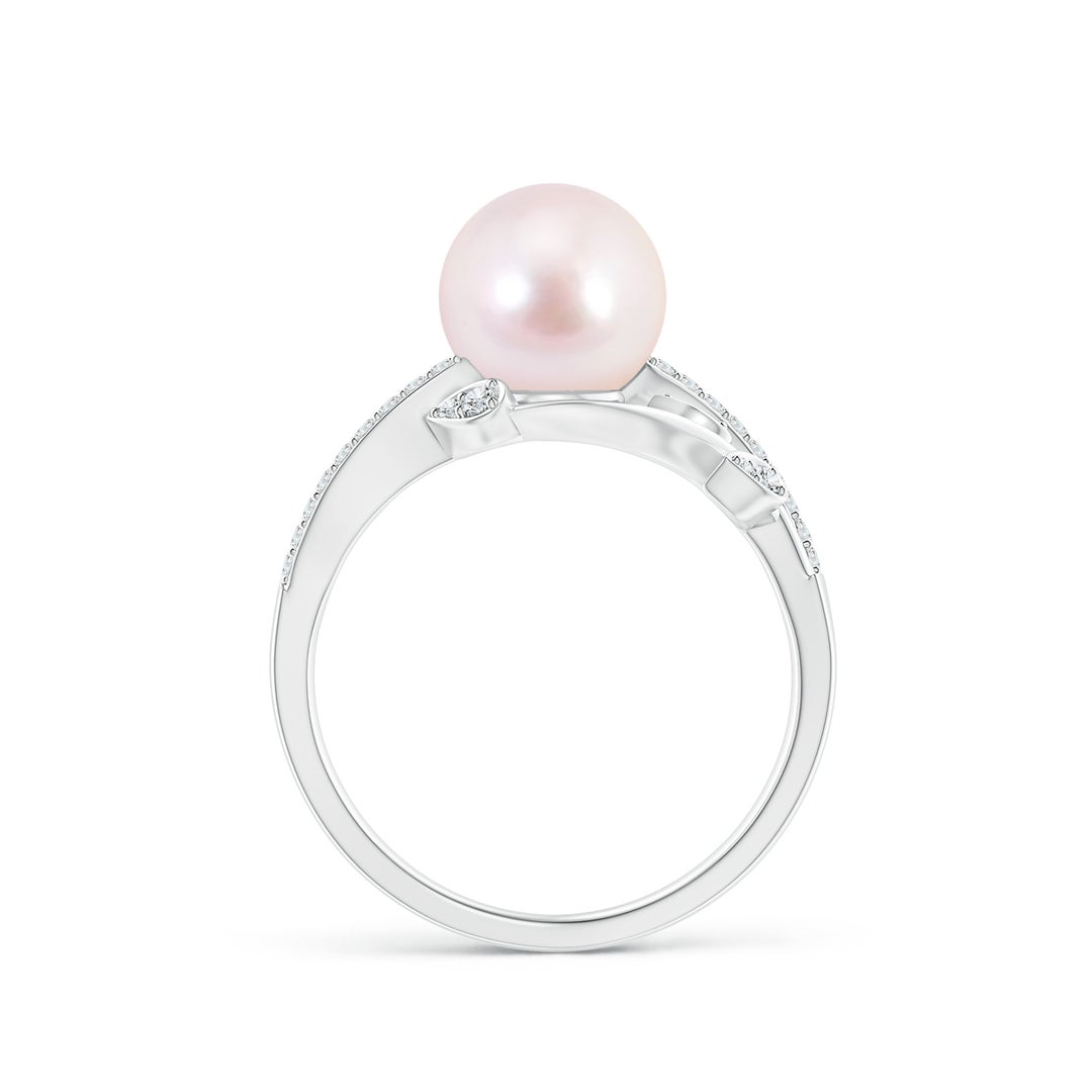 8mm AAAA Japanese Akoya Pearl Olive Leaf Vine Ring in White Gold - side 1