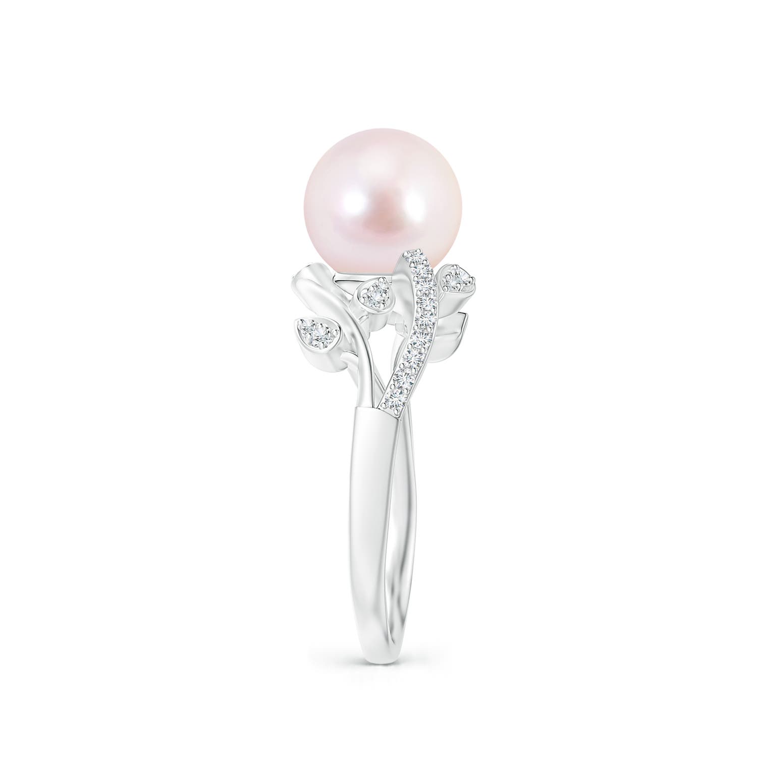 8mm AAAA Japanese Akoya Pearl Olive Leaf Vine Ring in White Gold - side 2