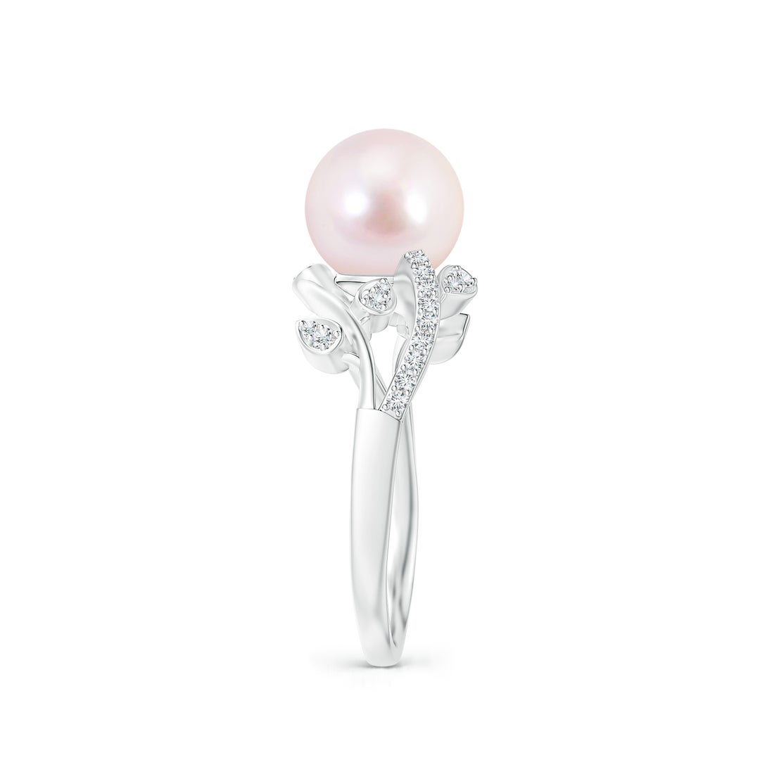 8mm AAAA Japanese Akoya Pearl Olive Leaf Vine Ring in White Gold - side 2