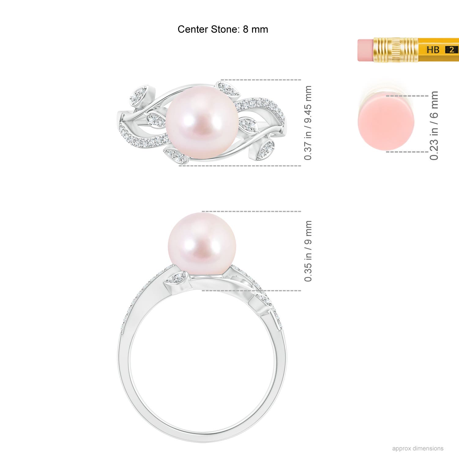 8mm AAAA Japanese Akoya Pearl Olive Leaf Vine Ring in White Gold - ruler