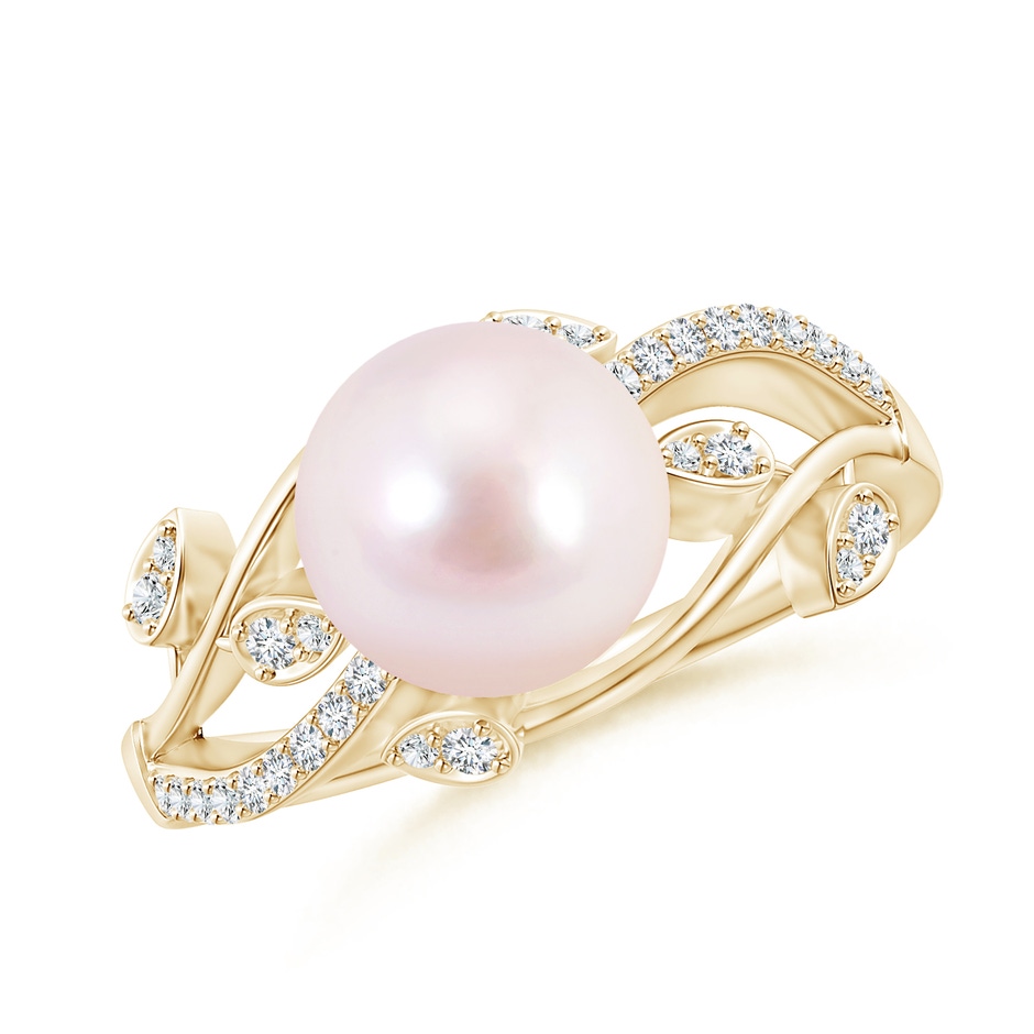 8mm AAAA Japanese Akoya Pearl Olive Leaf Vine Ring in Yellow Gold 