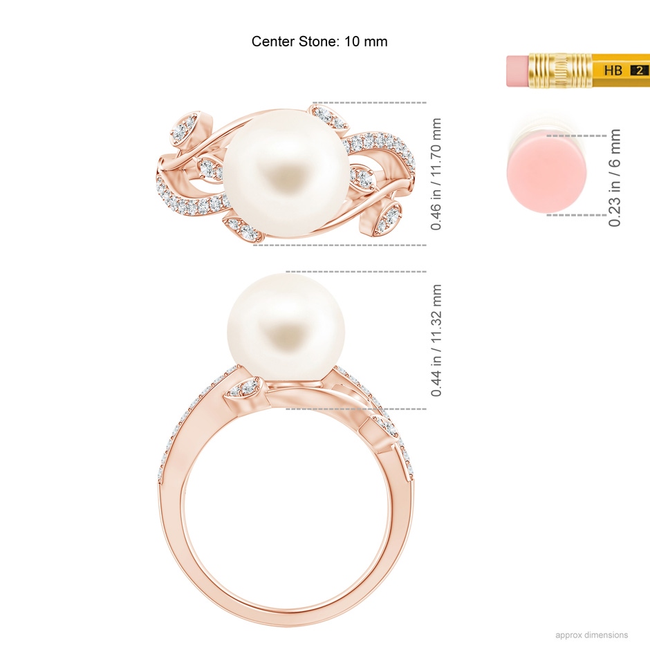 10mm AAA Freshwater Pearl Olive Leaf Vine Ring in Rose Gold ruler