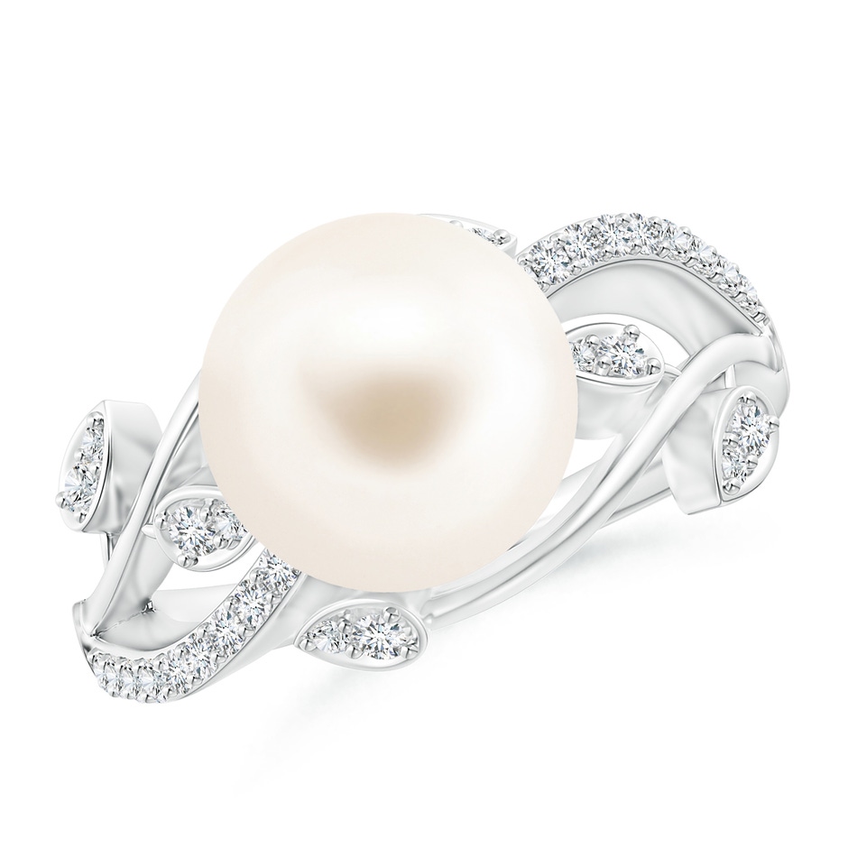 10mm AAA Freshwater Pearl Olive Leaf Vine Ring in White Gold 
