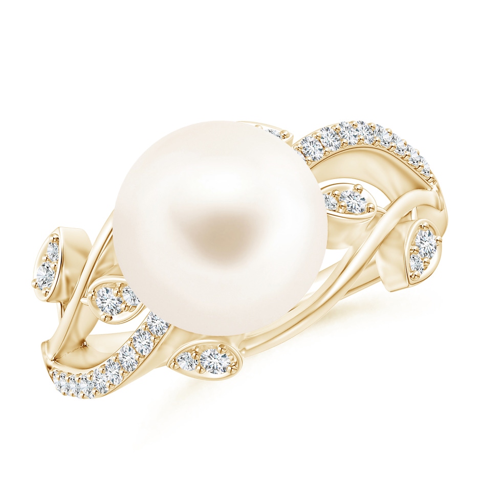 10mm AAA Freshwater Pearl Olive Leaf Vine Ring in Yellow Gold 