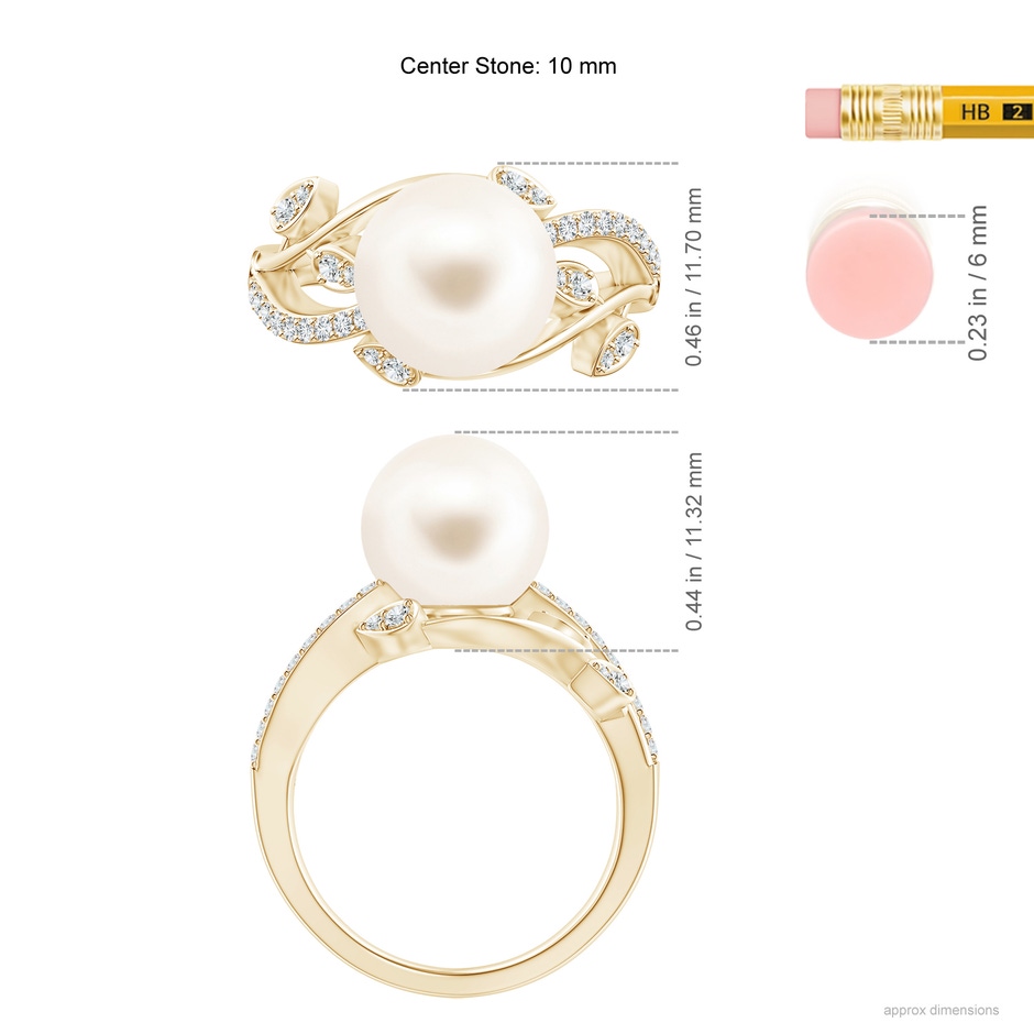 10mm AAA Freshwater Pearl Olive Leaf Vine Ring in Yellow Gold ruler
