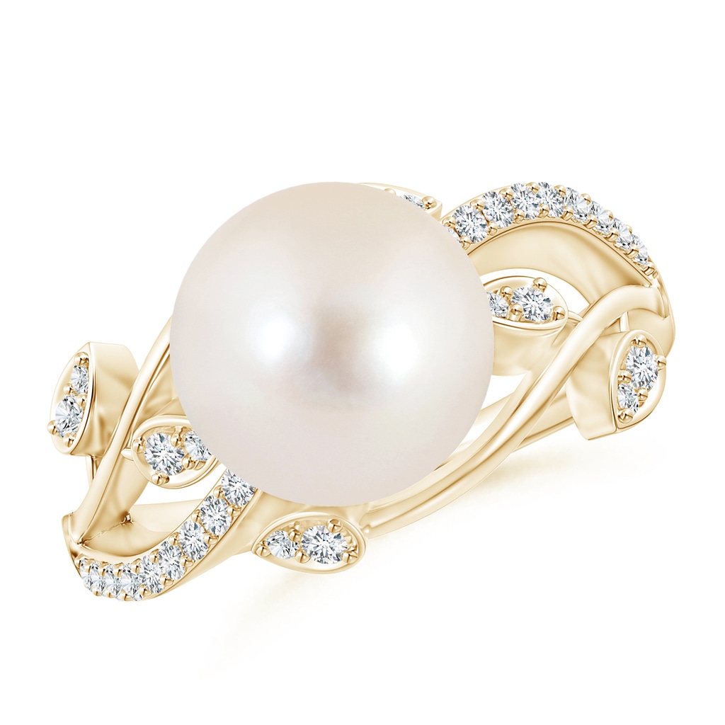 10mm AAAA Freshwater Pearl Olive Leaf Vine Ring in Yellow Gold