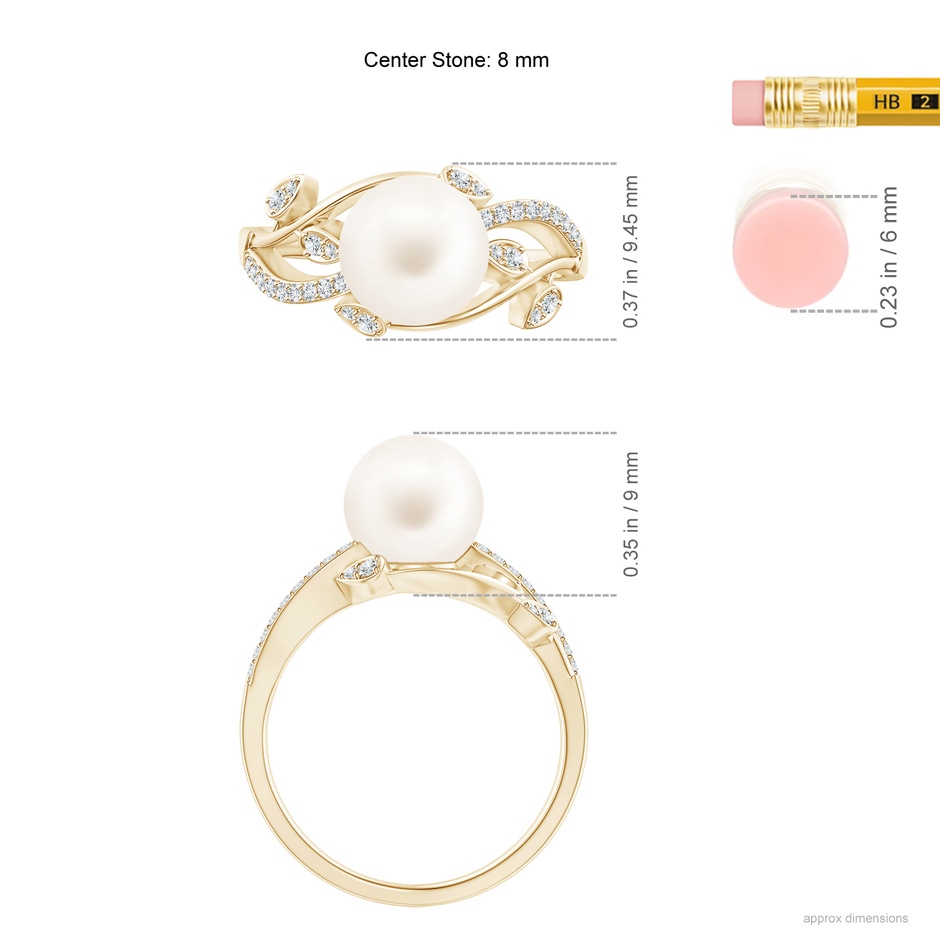 8mm AA Freshwater Pearl Olive Leaf Vine Ring in Yellow Gold ruler