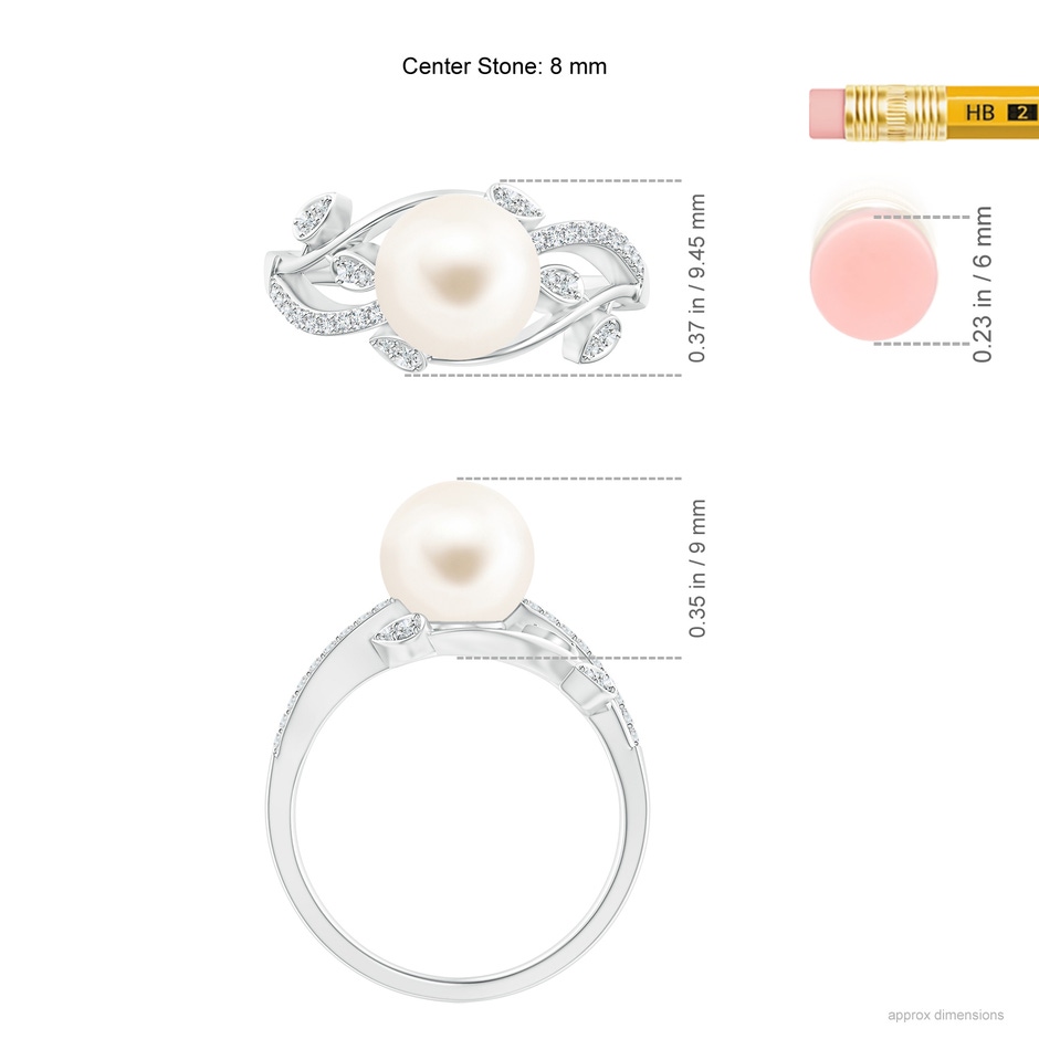 8mm AAA Freshwater Pearl Olive Leaf Vine Ring in White Gold ruler