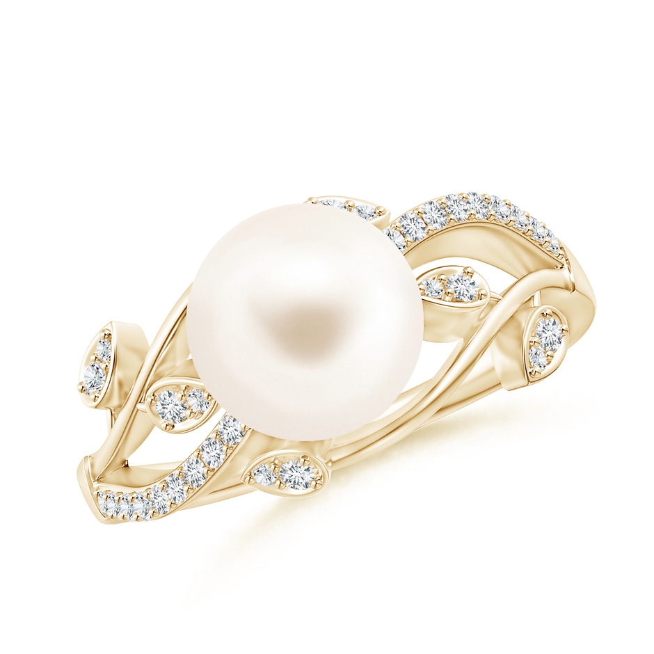 8mm AAA Freshwater Pearl Olive Leaf Vine Ring in Yellow Gold 