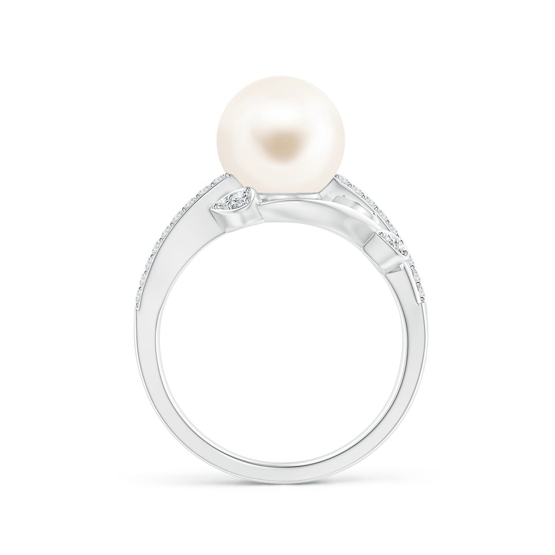 9mm AAA Freshwater Pearl Olive Leaf Vine Ring in White Gold - side 1