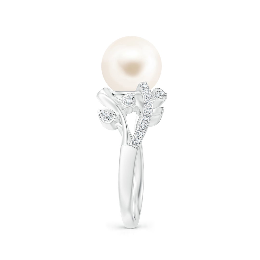 9mm AAA Freshwater Pearl Olive Leaf Vine Ring in White Gold - side 2