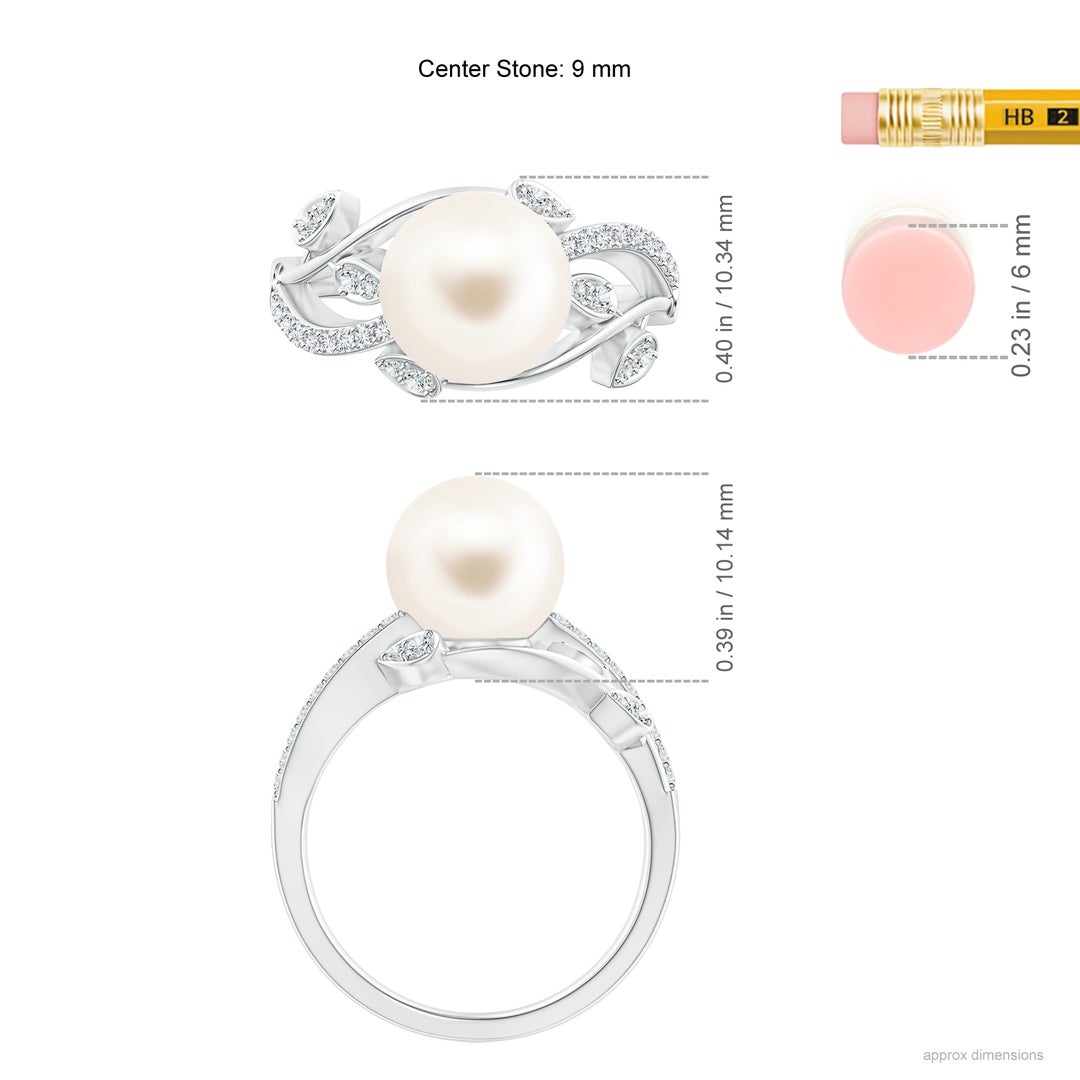 9mm AAA Freshwater Pearl Olive Leaf Vine Ring in White Gold - ruler