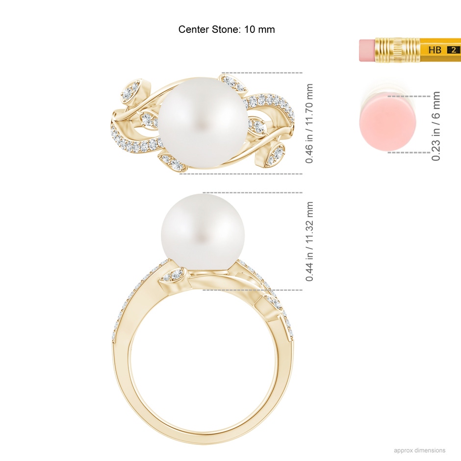 10mm AA South Sea Pearl Olive Leaf Vine Ring in Yellow Gold ruler