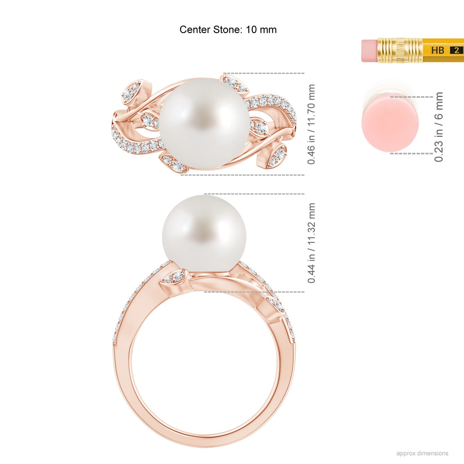 10mm AAA South Sea Pearl Olive Leaf Vine Ring in Rose Gold ruler