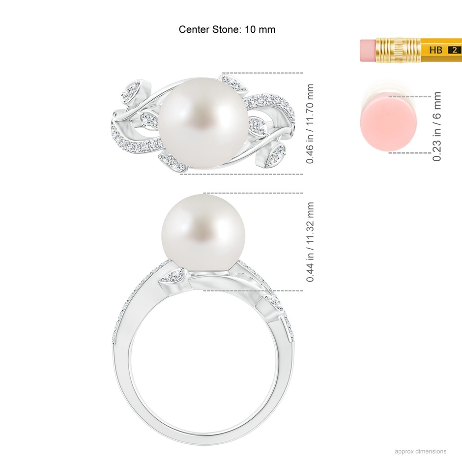 10mm AAA South Sea Pearl Olive Leaf Vine Ring in White Gold ruler