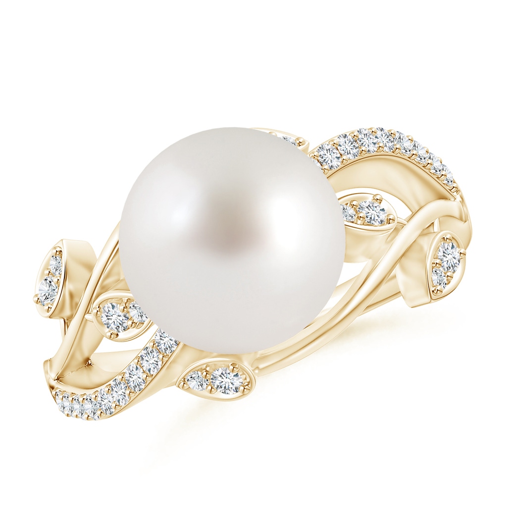 10mm AAA South Sea Pearl Olive Leaf Vine Ring in Yellow Gold