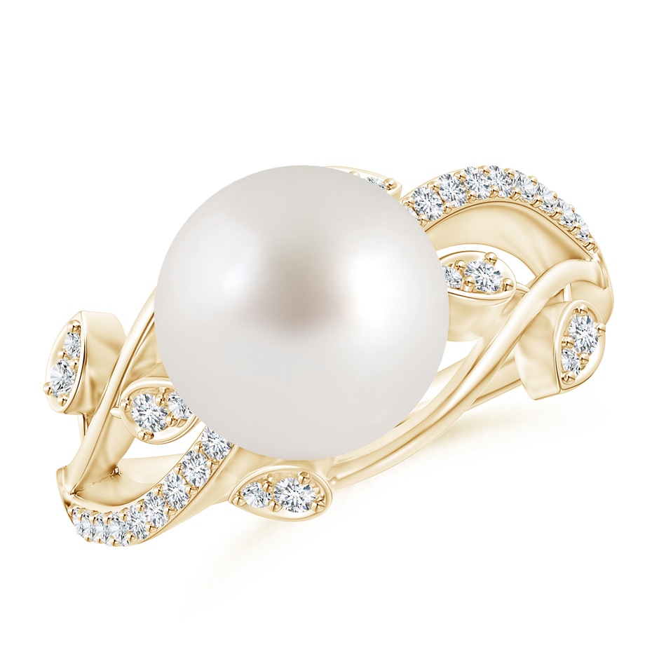 10mm AAA South Sea Pearl Olive Leaf Vine Ring in Yellow Gold 