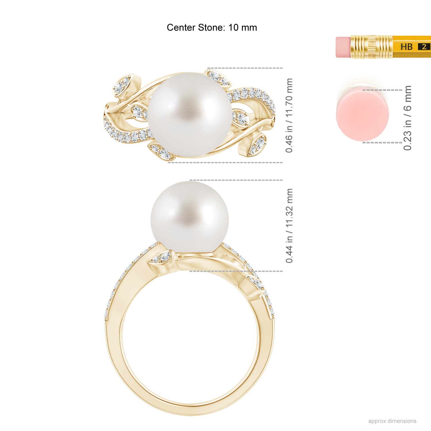 10mm AAA South Sea Pearl Olive Leaf Vine Ring in Yellow Gold - ruler