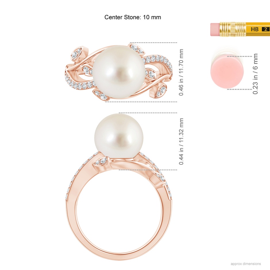 10mm AAAA South Sea Pearl Olive Leaf Vine Ring in Rose Gold ruler