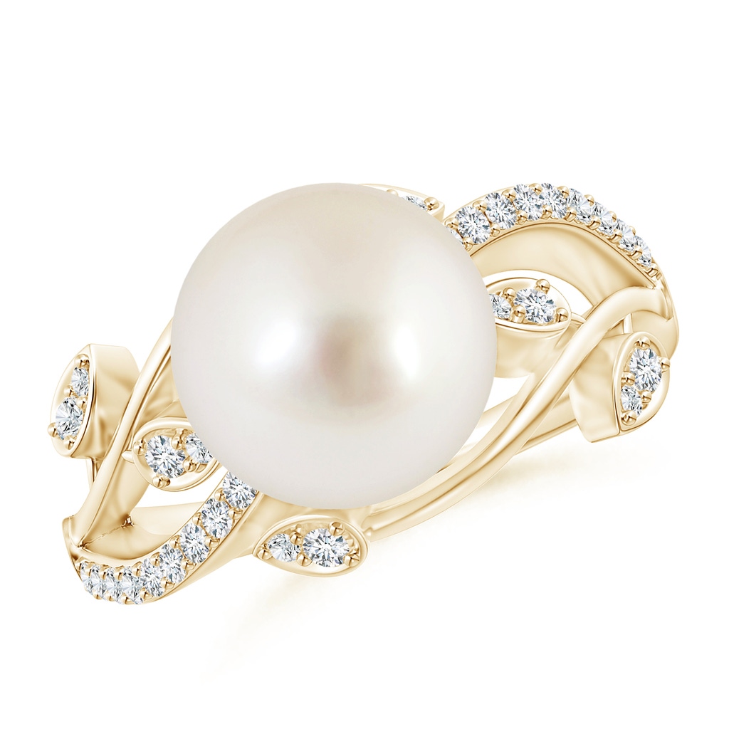 10mm AAAA South Sea Pearl Olive Leaf Vine Ring in Yellow Gold