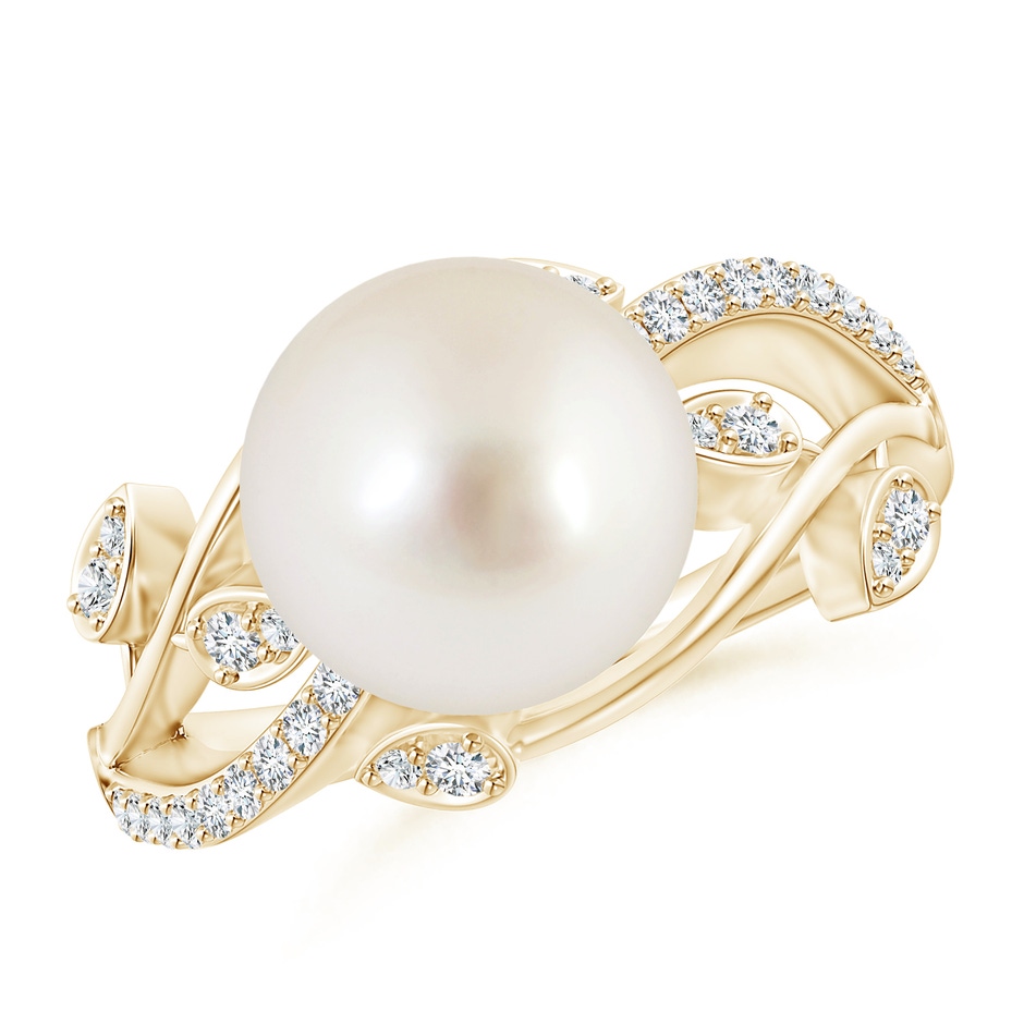 10mm AAAA South Sea Pearl Olive Leaf Vine Ring in Yellow Gold 
