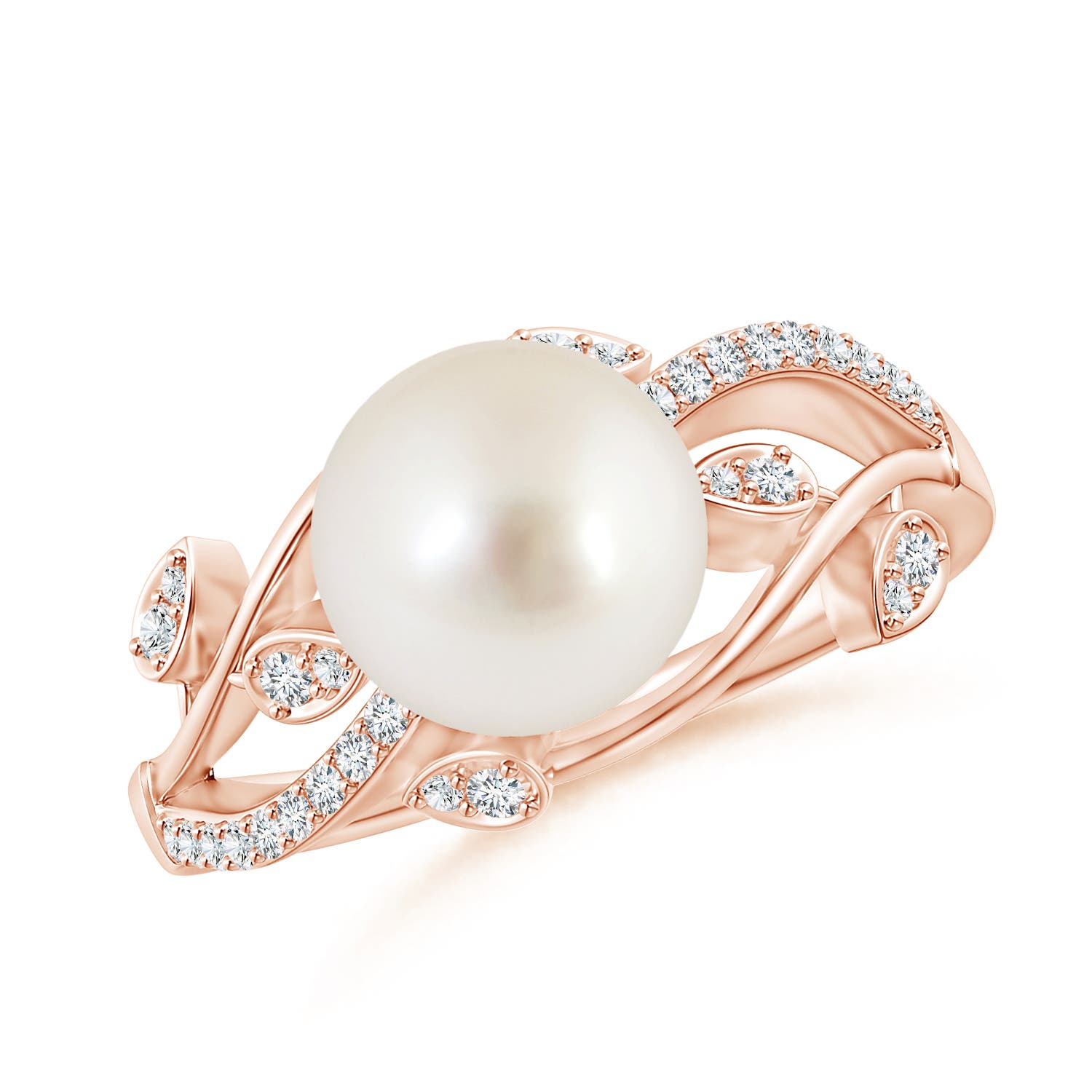 8mm AAAA South Sea Pearl Olive Leaf Vine Ring in Rose Gold