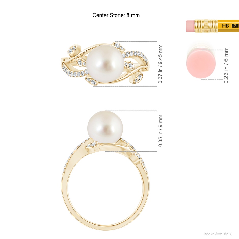 8mm AAAA South Sea Pearl Olive Leaf Vine Ring in Yellow Gold ruler