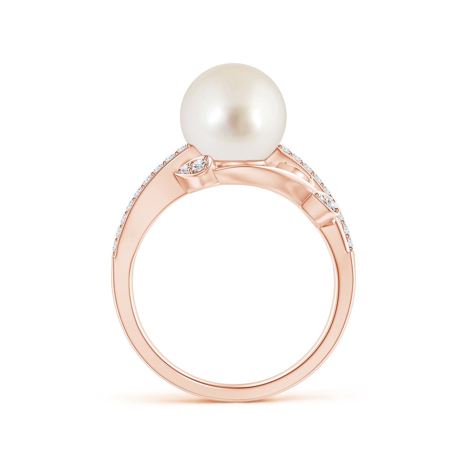 9mm AAAA South Sea Pearl Olive Leaf Vine Ring in Rose Gold - side 1