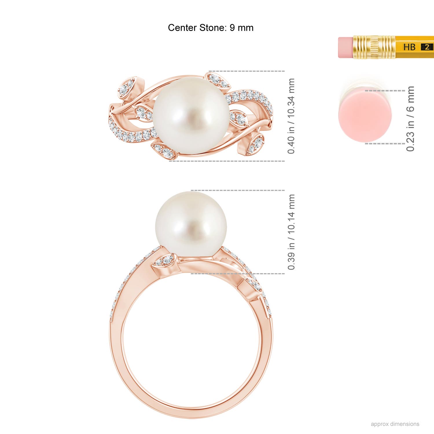 9mm AAAA South Sea Pearl Olive Leaf Vine Ring in Rose Gold - ruler